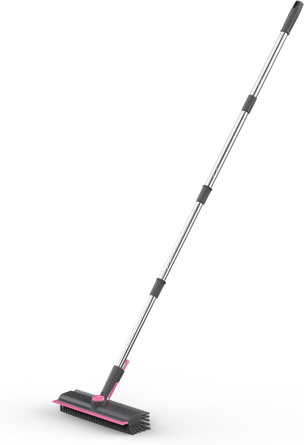 AIR U+ Floor Scrub Brush with Long Handle, 3 in 1 Scrape and Heavy-Duty Stiff Bristle Scrubber Brush for Cleaning Shower Bathroom, Patio, Garage, Kitchen, Wall and Deck, Gray and Pink