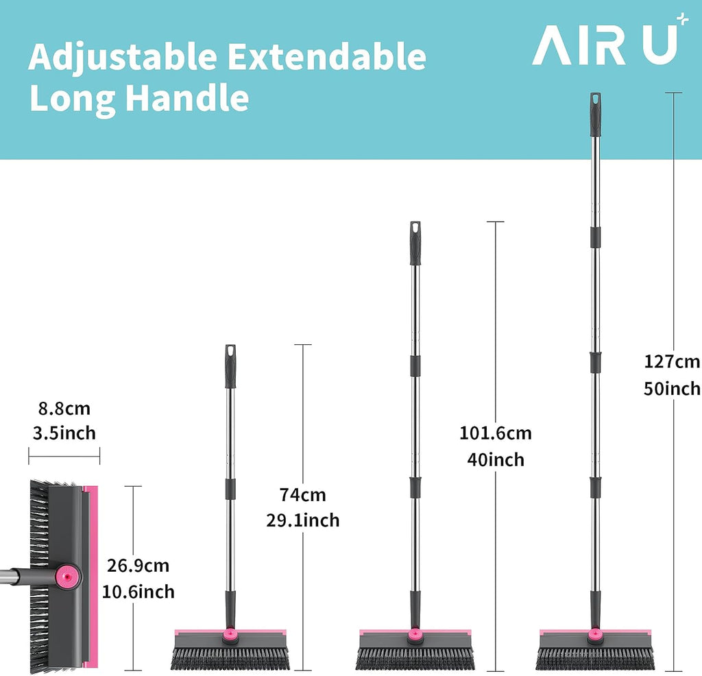 AIR U+ Floor Scrub Brush with Long Handle, 3 in 1 Scrape and Heavy-Duty Stiff Bristle Scrubber Brush for Cleaning Shower Bathroom, Patio, Garage, Kitchen, Wall and Deck, Gray and Pink