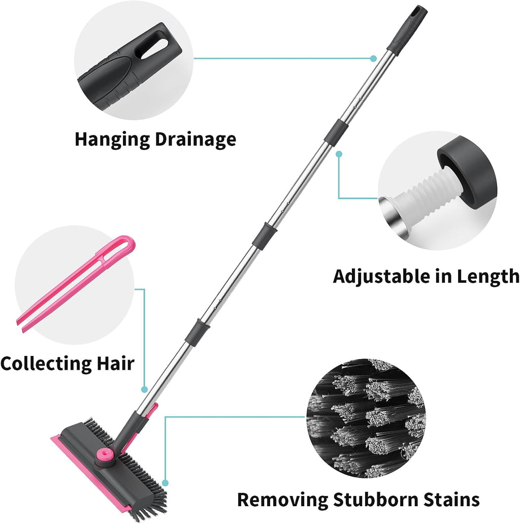AIR U+ Floor Scrub Brush with Long Handle, 3 in 1 Scrape and Heavy-Duty Stiff Bristle Scrubber Brush for Cleaning Shower Bathroom, Patio, Garage, Kitchen, Wall and Deck, Gray and Pink