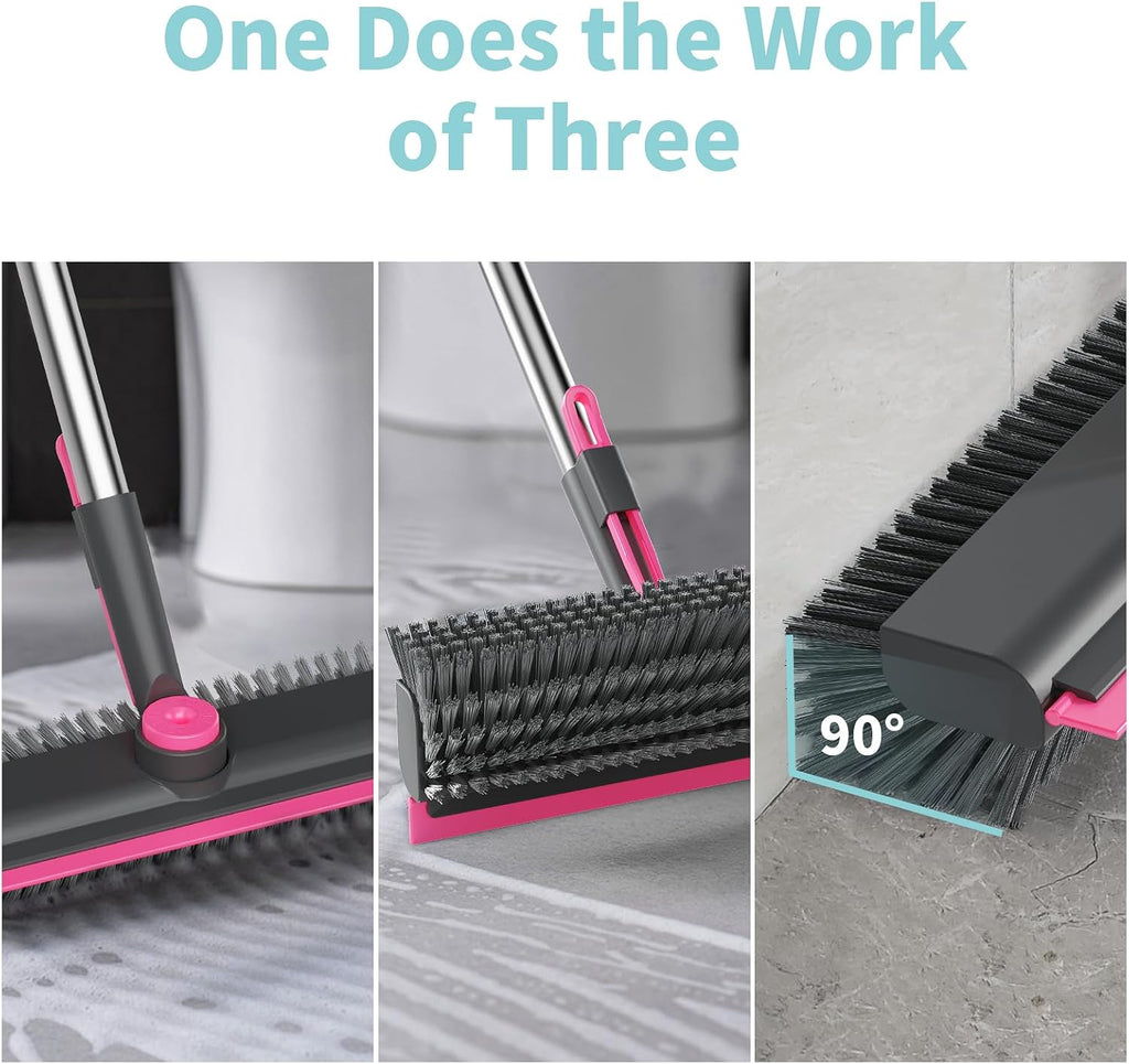 AIR U+ Floor Scrub Brush with Long Handle, 3 in 1 Scrape and Heavy-Duty Stiff Bristle Scrubber Brush for Cleaning Shower Bathroom, Patio, Garage, Kitchen, Wall and Deck, Gray and Pink