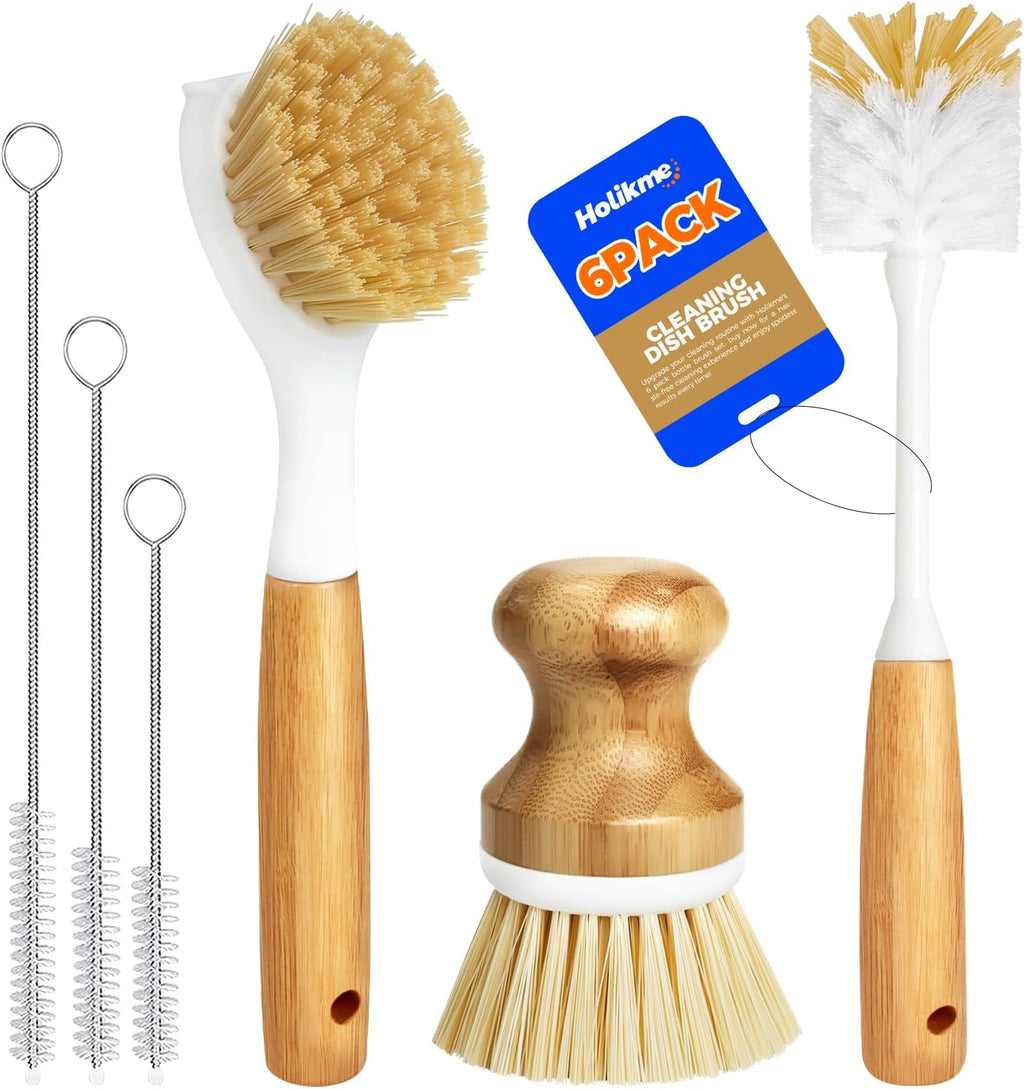 Holikme 6 Pack Dish Brush Kitchen Brushes Set with Vegetable Palm Brush, Bottle Brush, Dish Brush and Straw Brush, Fruit Cleaning Brushes for Cleaning Potato Skillet Wok Pot Pan Cast Iron, Yellow