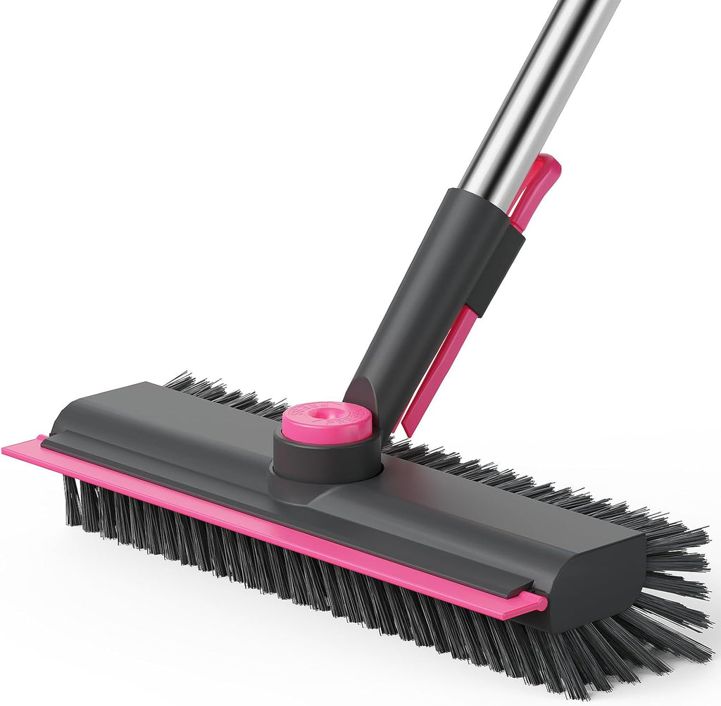 AIR U+ Floor Scrub Brush with Long Handle, 3 in 1 Scrape and Heavy-Duty Stiff Bristle Scrubber Brush for Cleaning Shower Bathroom, Patio, Garage, Kitchen, Wall and Deck, Gray and Pink