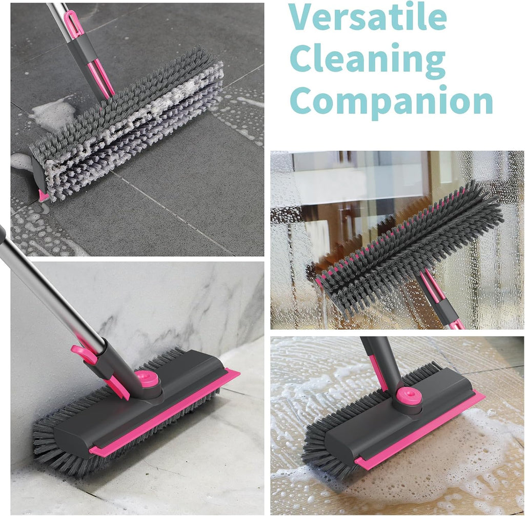 AIR U+ Floor Scrub Brush with Long Handle, 3 in 1 Scrape and Heavy-Duty Stiff Bristle Scrubber Brush for Cleaning Shower Bathroom, Patio, Garage, Kitchen, Wall and Deck, Gray and Pink