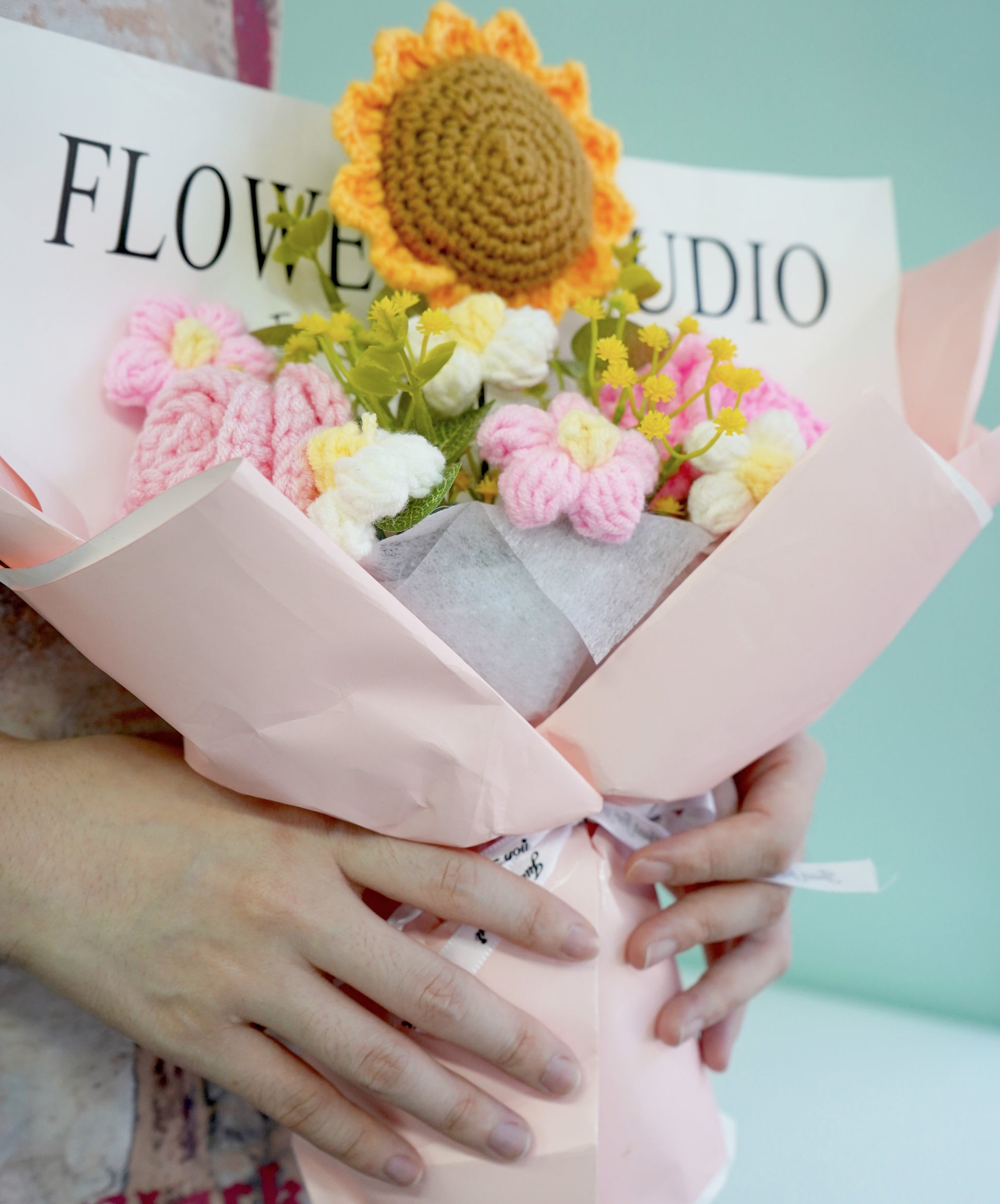 Handmade Crochet Flower Bouquet（pink） – Sunflower & Mixed Blooms Gift Arrangement