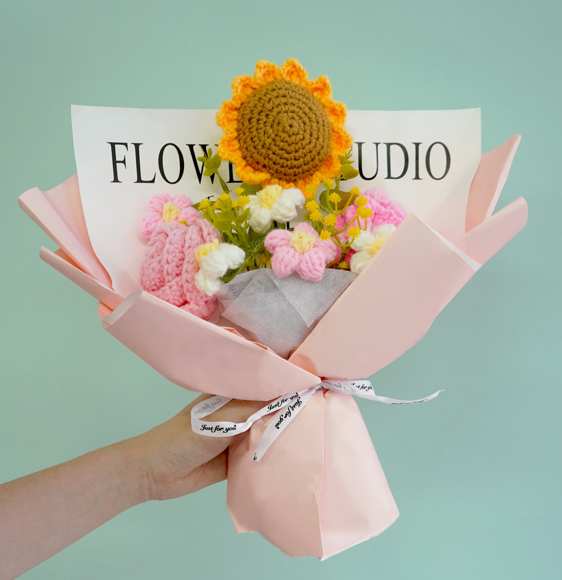 Handmade Crochet Flower Bouquet（pink） – Sunflower & Mixed Blooms Gift Arrangement