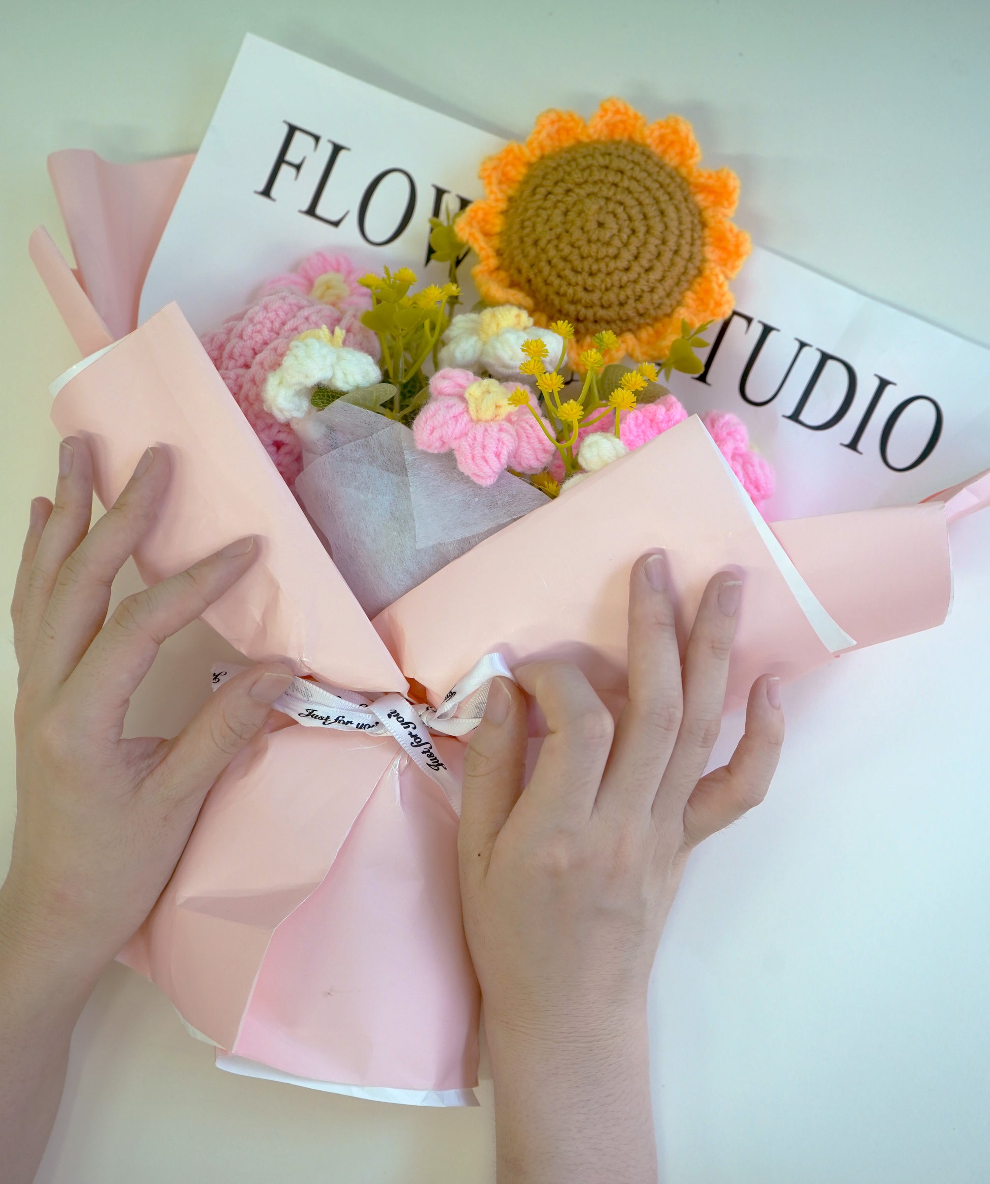 Handmade Crochet Flower Bouquet（pink） – Sunflower & Mixed Blooms Gift Arrangement